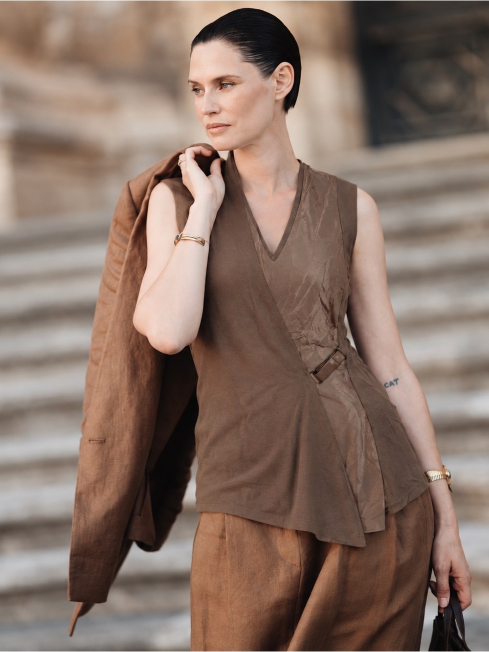 Brunello Cucinelli Brown Contrast Leather Silk Vneck Tank Vest Asymmetrical Smal